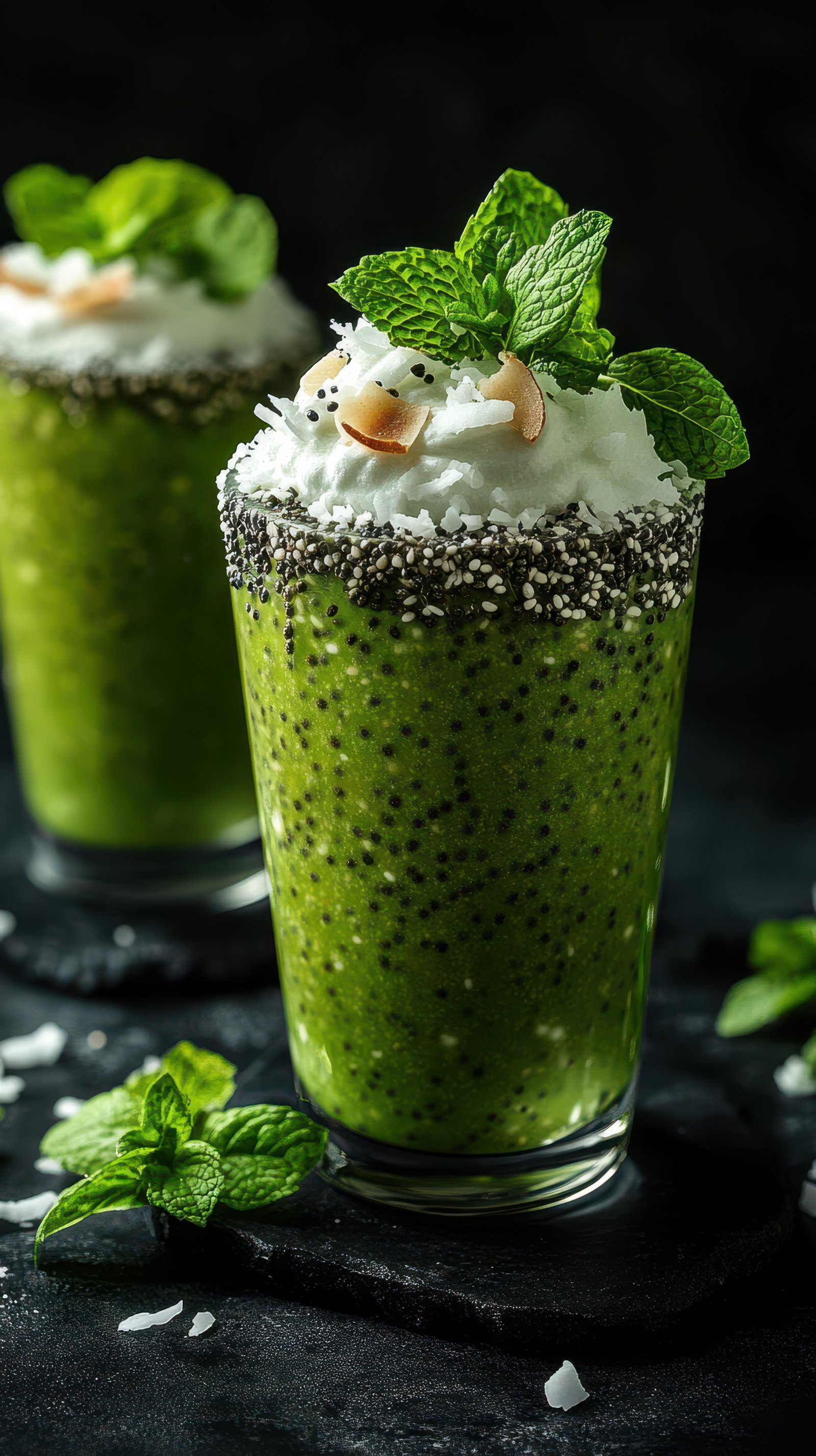 Delicious green smoothie topped with coconut flakes and mint served in a glass on a dark background
